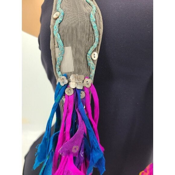 New Chan Luu Patchwork Fringe Chiffon Skinny Scarf Buttons 70" Gray Pink Blue - Picture 8 of 8